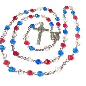 Handmade Patriotic Red Clear Blue Plastic Beaded Rosary Catholic Gift